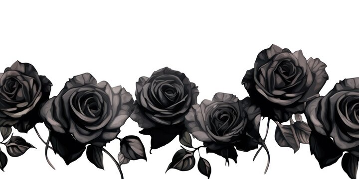 Black roses watercolor clipart on white background, defined edges floral flower pattern background with copy space for design text or photo backdrop minimalistic 