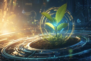A digital illustration of an abstract plant sprouting from soil, with green leaves and futuristic tech elements like glowing data streams or holographic screens in the background. 