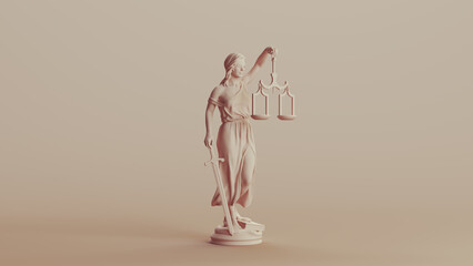 Lady justice judicial system classic statue woman soft tones beige brown background quarter right view 3d illustration render digital rendering