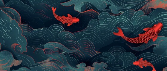 Waves in the sea on a red fish background. Modern Japanese pattern.