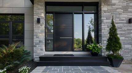 Fototapeta premium Contemporary Front Door: Single Black Fiberglass Entry Door with Side Window Panel