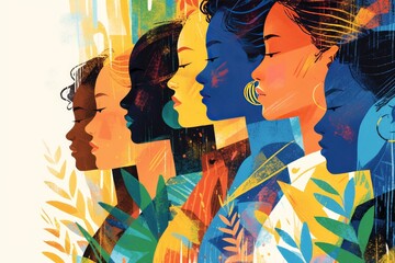 A digital painting of diverse women's faces in profile, each with their own unique expression and color  - obrazy, fototapety, plakaty