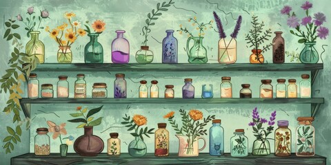 Artistic shelf with assorted medicinal herbs and bottles, traditional therapy illustration