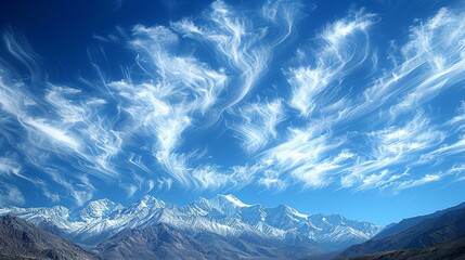   A stunning panorama of towering mountains cloaked in billowing clouds, set against a backdrop of azure skies dotted with scattered white fluff