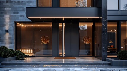 Stylish Glass Front Entry: Modern Door with Side Lighting in Dark Wall Surroundings