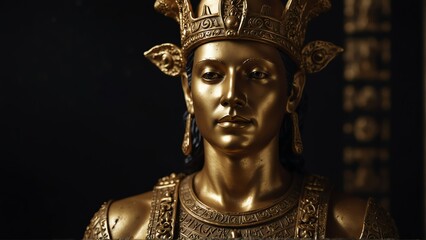 golden ancient magician statue close up portrait on plain black background from Generative AI