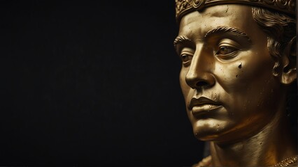 Fototapeta na wymiar golden ancient nobleman statue close up portrait on plain black background from Generative AI