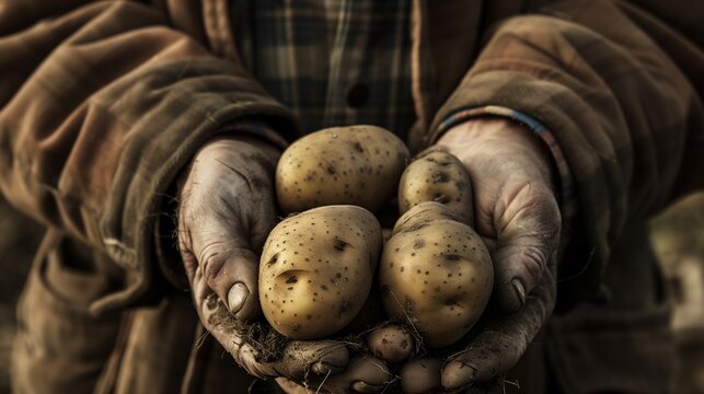 A pair of hands cradling a group of freshly harvested potatoes, still speckled with soil. Generated by artificial intelligence. 