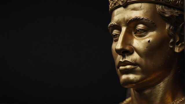 golden ancient nobleman statue close up portrait on plain black background from Generative AI