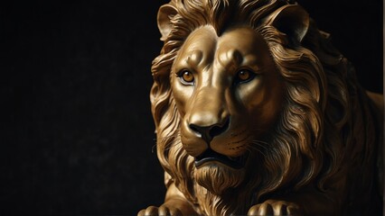 golden lion statue close up portrait on plain black background from Generative AI