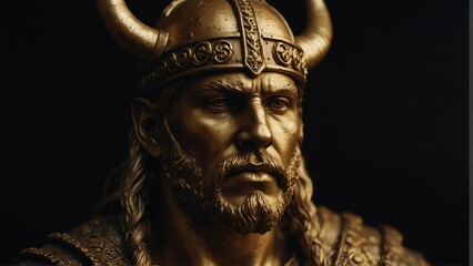 Fototapeta na wymiar golden viking statue close up portrait on plain black background from Generative AI