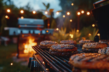 Evening Barbecue Grill with Juicy Burgers Outdoors