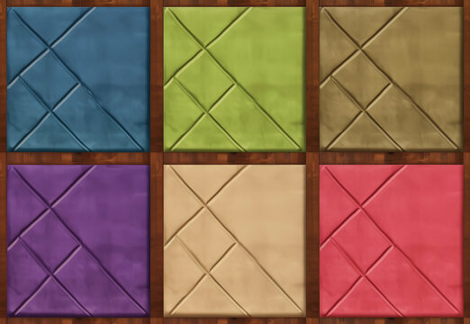 hand-cut clay tiles with uniform pattern over six panels, a complimentary color palette; background image 