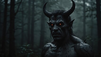 a demon portrait on foggy dark forest backround from Generative AI