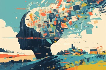 A creative collage of an open head with a brain, books and geometric shapes representing knowledge, ideas and innovation.