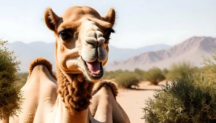 Zelfklevend Fotobehang A-Camel-With-Its-Mouth-Full-Of-Desert-Shrubs-Upscaled_3 2 © Mahinoor