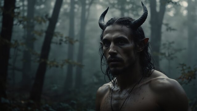 an incubus portrait on foggy dark forest backround from Generative AI