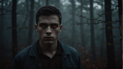 young man glowing red eyes portrait on foggy dark forest backround from Generative AI - obrazy, fototapety, plakaty