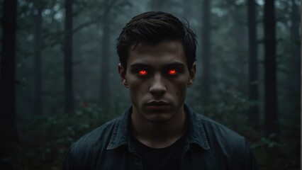 young man glowing red eyes portrait on foggy dark forest backround from Generative AI - obrazy, fototapety, plakaty