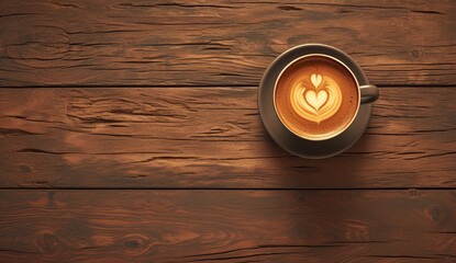 A cup of coffee with a smiley face drawn in it sits on top of a dark wooden table. The background is a solid brown color, creating an atmosphere that suggests focus and attention to detail.  - obrazy, fototapety, plakaty