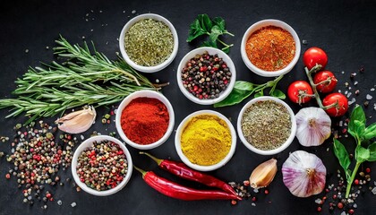Palette of Flavors: Assorted Spices and Herbs Against Black Background
