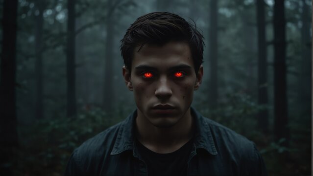 young man glowing red eyes portrait on foggy dark forest backround from Generative AI