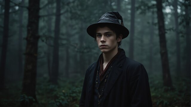 young wizard portrait on foggy dark forest backround from Generative AI