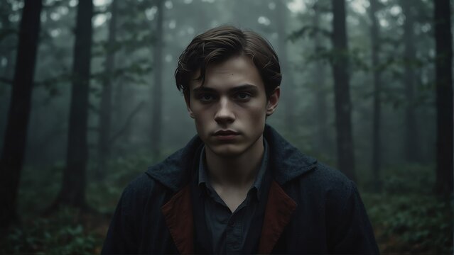 young wizard portrait on foggy dark forest backround from Generative AI