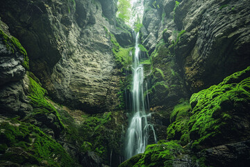 A beautiful waterfall surrounded by green moss
