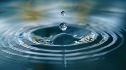 A close-up of a clear water droplet on a blue surface, causing tiny ripples