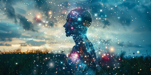 Concept of human thought, cosmos within mind. Deep space and consciousness connection - obrazy, fototapety, plakaty
