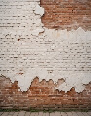 Close-up of a weathered brick wall with areas of peeling white paint, highlighting textures and patterns suitable for backgrounds and layered design work