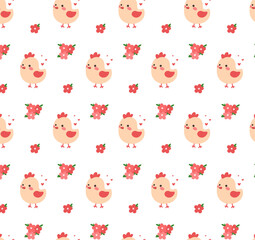 Cute chicken and flowers pattern. Vector on isolated white background.