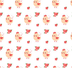 Cute chicken and flowers pattern. Vector on isolated white background.