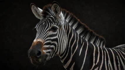 Fototapeta na wymiar zebra horse close up portrait on plain black background from Generative AI