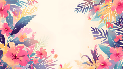 Summer background frame with illustration of tropical flowers and foliage. Positive happy vibes. Pink and purple color palette