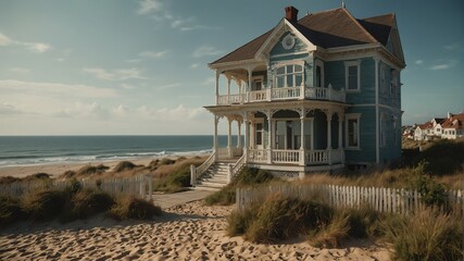 victorian house on the beach in summer front porch facade view with sea on background from Generative AI