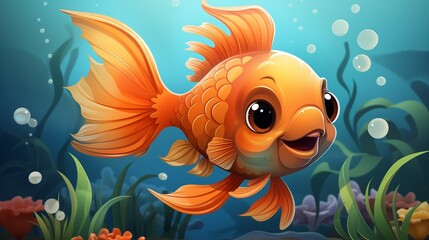 Fototapeta na wymiar An adorable cartoon logo of a happy fish swimming in a coral reef.