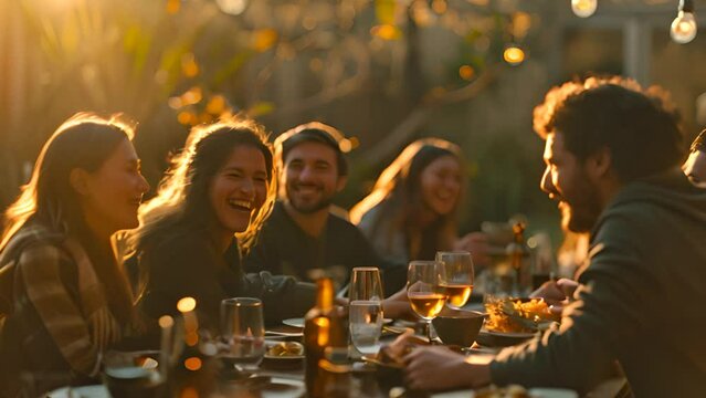 intimate gathering of friends in a rustic backyard during golden hour, laughter and casual dining