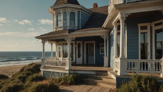 victorian house on the beach in summer front porch facade view with sea on background from Generative AI