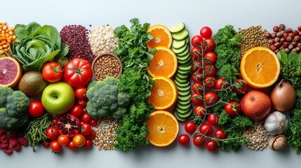   A horizontal arrangement of various fruits and vegetables on a white background, featuring oranges, kiwis, tomatoes, broccoli, spinach, and more