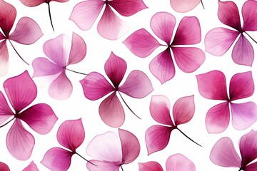 Fototapeta na wymiar Magenta flower petals and leaves on white background seamless watercolor pattern spring floral backdrop 