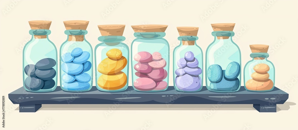 Poster a row of glass jars filled with various colored rocks displayed on a wooden shelf, creating a vibran