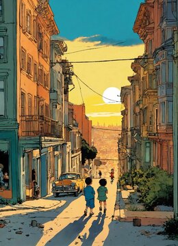Beautiful illustration by hergé of a little boy and girl playing in the streets of san francisco at sunset