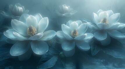   A collection of water lilies floating atop a tranquil body of water against a backdrop of azure sky
