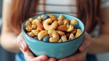 A bowl of colorful mixed nuts, a healthy snack choice for a young woman watching her diet