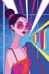 Fashionable Woman Shopping in Vibrant Clothing Store Illustration