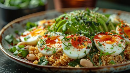   Close-up of eggs on rice and broccoli - obrazy, fototapety, plakaty