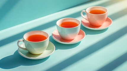 Three cups of tea on a table, minimal concept