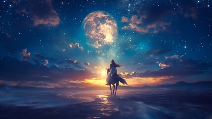 Woman on horse under night sky with moon - obrazy, fototapety, plakaty